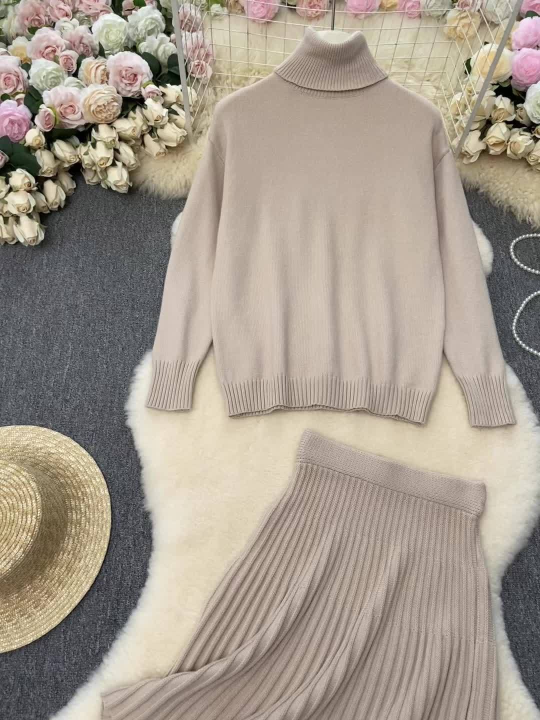 Wiesława™ | Dzianinowy Komplet z Golfem i Spódnicą Midi