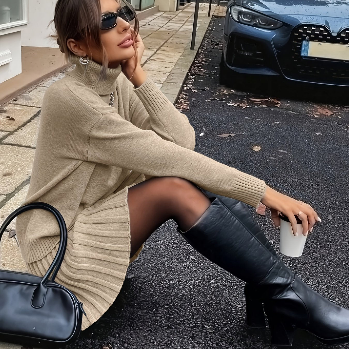 Wiesława™ | Dzianinowy Komplet z Golfem i Spódnicą Midi